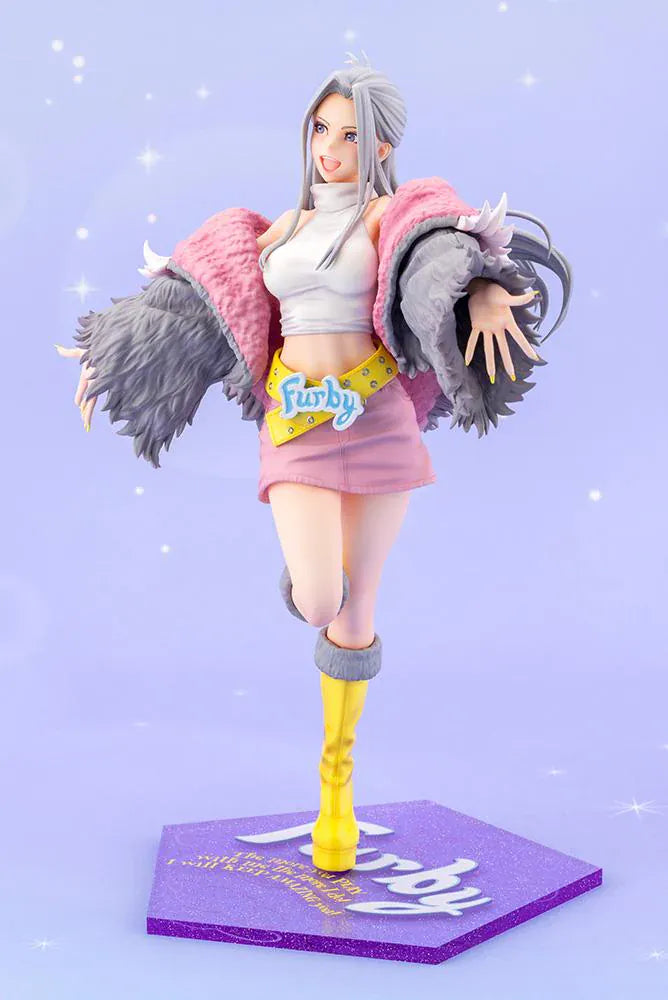 Furby Bishoujo Figure with fashionable character in sunglasses, fuzzy jacket, yellow boots, Furby companion, and glittery display base