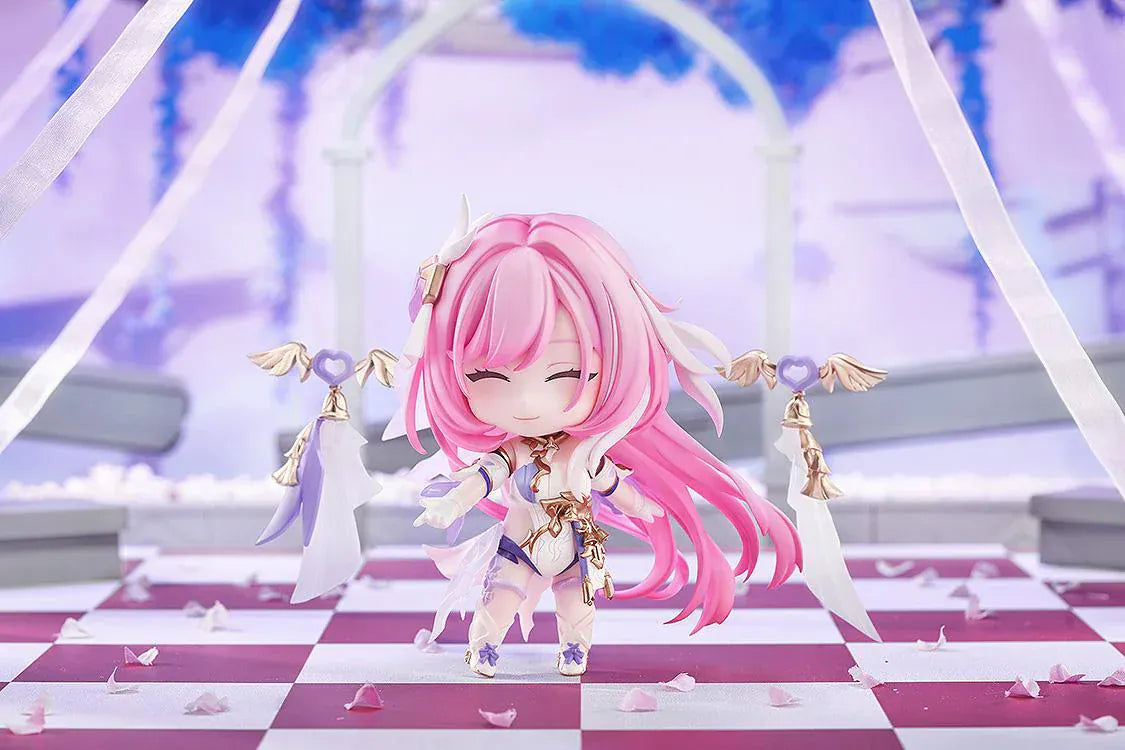 Honkai Impact 3rd Nendoroid No.2916 Elysia Herrscher of Human Ego chibi figure with pink hair, white and purple outfit, and wing accessories