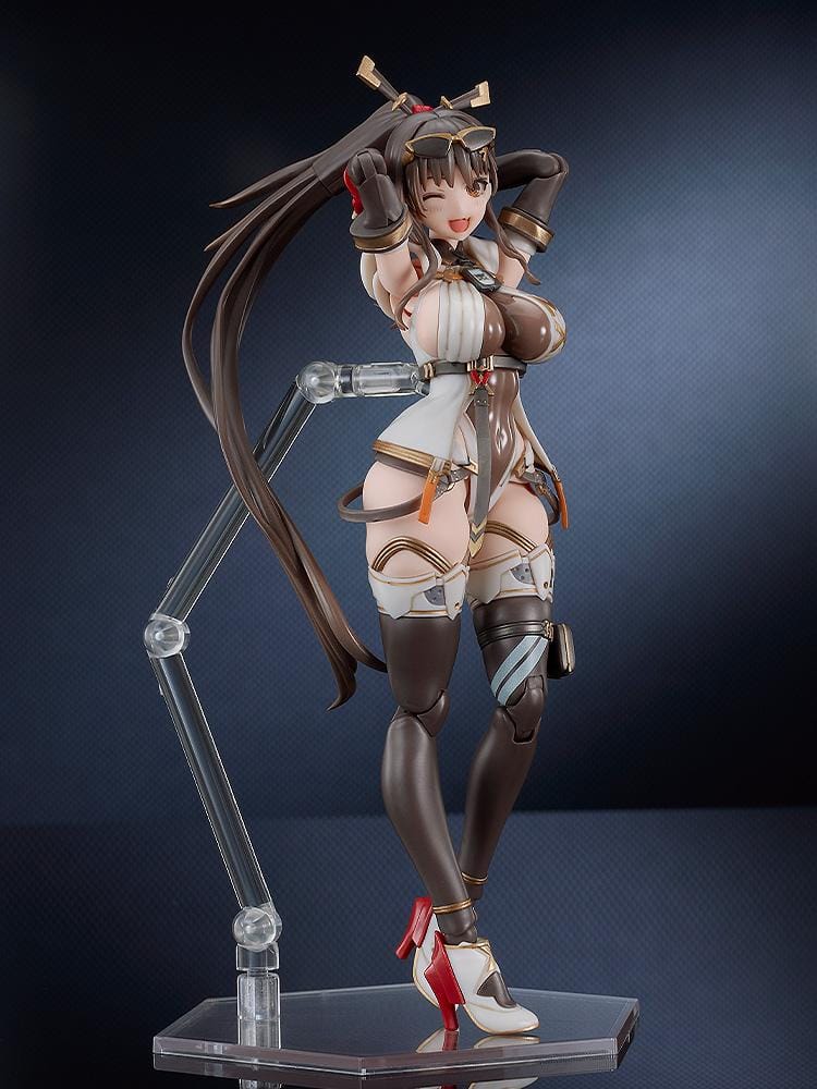 PLAMATEA MX-chan Model Kit featuring MX-chan in a black, white, and brown tactical outfit with red gloves and a large weapon case