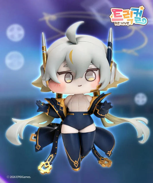 Trickcal: Chibi Go Renewa chibi figure featuring flowing silver hair, metallic headpieces, a black-and-gold outfit, and gear-shaped ornaments.