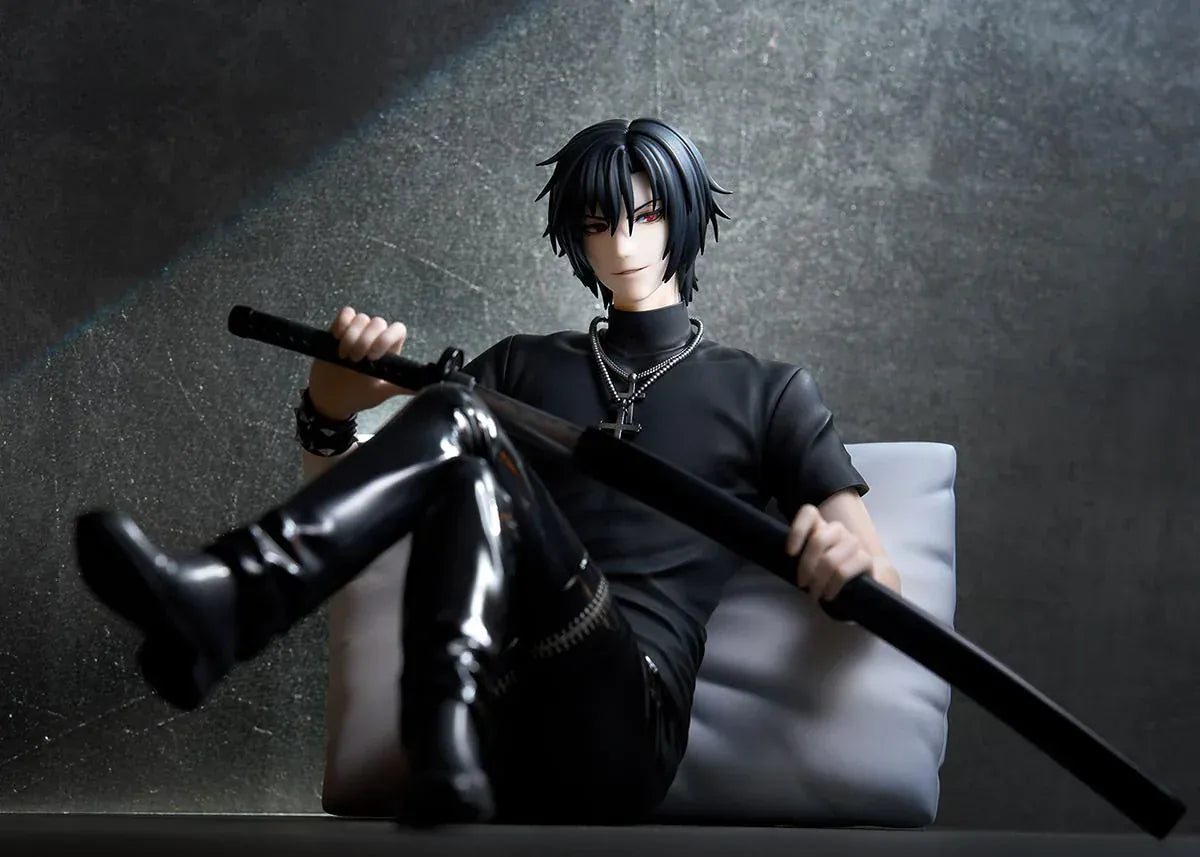 Shiki 1/7 scale figure from Togainu no Chi sitting with sword wearing black outfit on cushion base