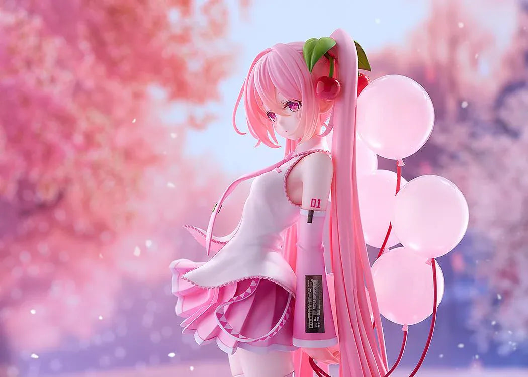 Sakura Miku figure with long pink twin-tails, cherry hair ornaments, a white and pink outfit, pink boots, and translucent balloons on a floral pink base.