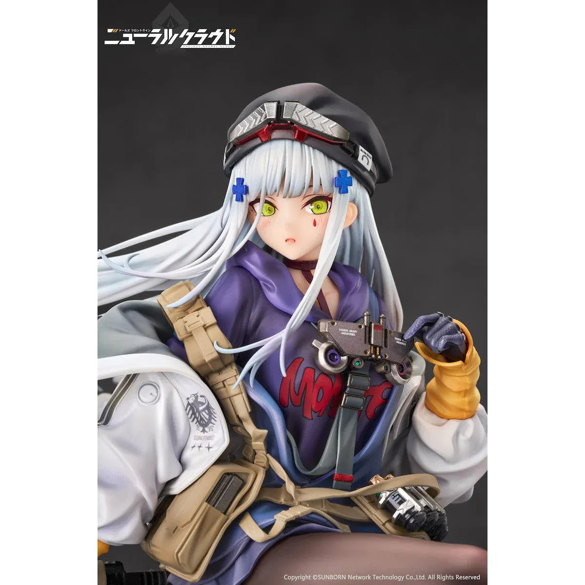 Girls' Frontline Neural Cloud Klukai 1/7 Scale Figure with long silver hair, military-inspired outfit, weapon accessories, seated pose, crate-style base, and bonus item