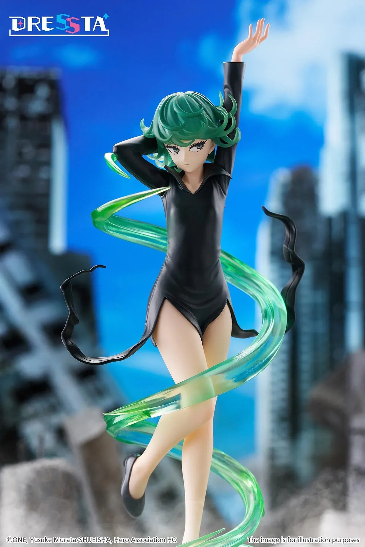 Terrible Tornado Dressta figure floating in a black dress surrounded by translucent green psychic energy effects on a rocky base.