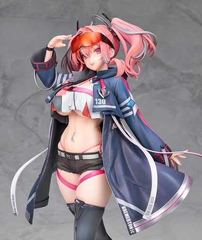 Azur Lane Bremerton 1/7 scale figure with pink twin tails, orange goggles, a navy coat, black shorts, and tall boots in a saluting pose.