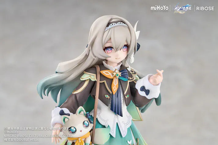 Honkai Star Rail Rise Up+ Chibi Cat Series Firefly Figure featuring Firefly in a cute chibi-style outfit with cat-themed display accents, colorful backdrop, and themed base.