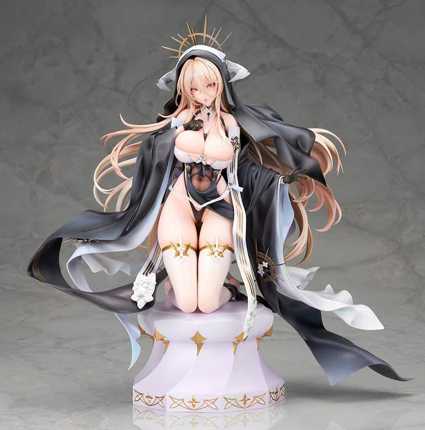 Azur Lane Implacable Special Ver. 1/7 Scale Figure with long blonde hair, black-and-white outfit, gold accents, halo headpiece, and clear display base