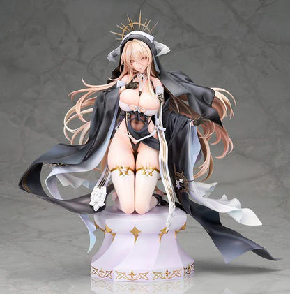Azur Lane Implacable Special Ver. 1/7 Scale Figure with long blonde hair, black-and-white outfit, gold accents, halo headpiece, and clear display base