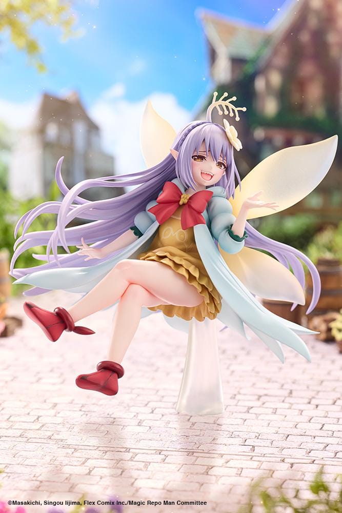 Magic Repo Man Empee 1/1 Scale Figure featuring a cheerful lavender-haired fairy with golden wings, a yellow dress, mint-green jacket, red bow, and matching shoes in a playful floating pose.