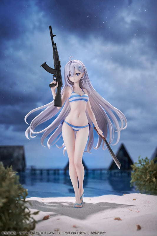 Playing Death Games to Put Food on the Table Yuki 1/7 Scale Figure with long silver hair, blue-and-white outfit, rifle, blade accessory, and display base