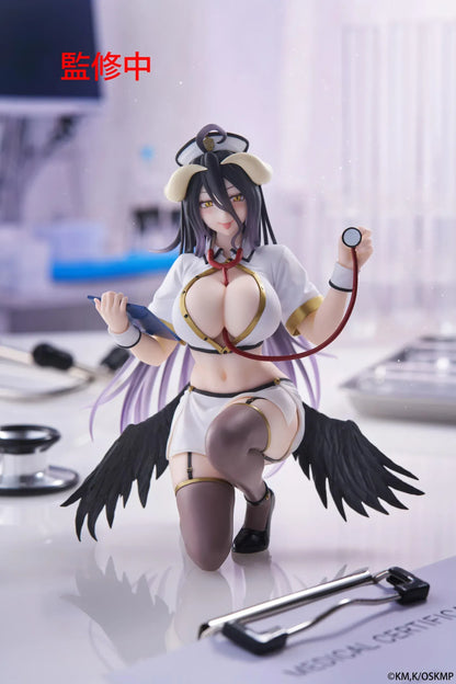 Overlord Desktop Cute Albedo (Nurse Ver.) Figure featuring Albedo in a white nurse outfit with wings, stethoscope, and elegant smile.
