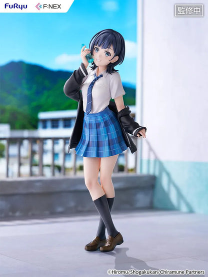 Chitose Is in the Ramune Bottle Yuzuki Nanase 1/7 Scale Figure with short dark hair, blue plaid skirt, school uniform outfit, drink bottle accessory, and display base