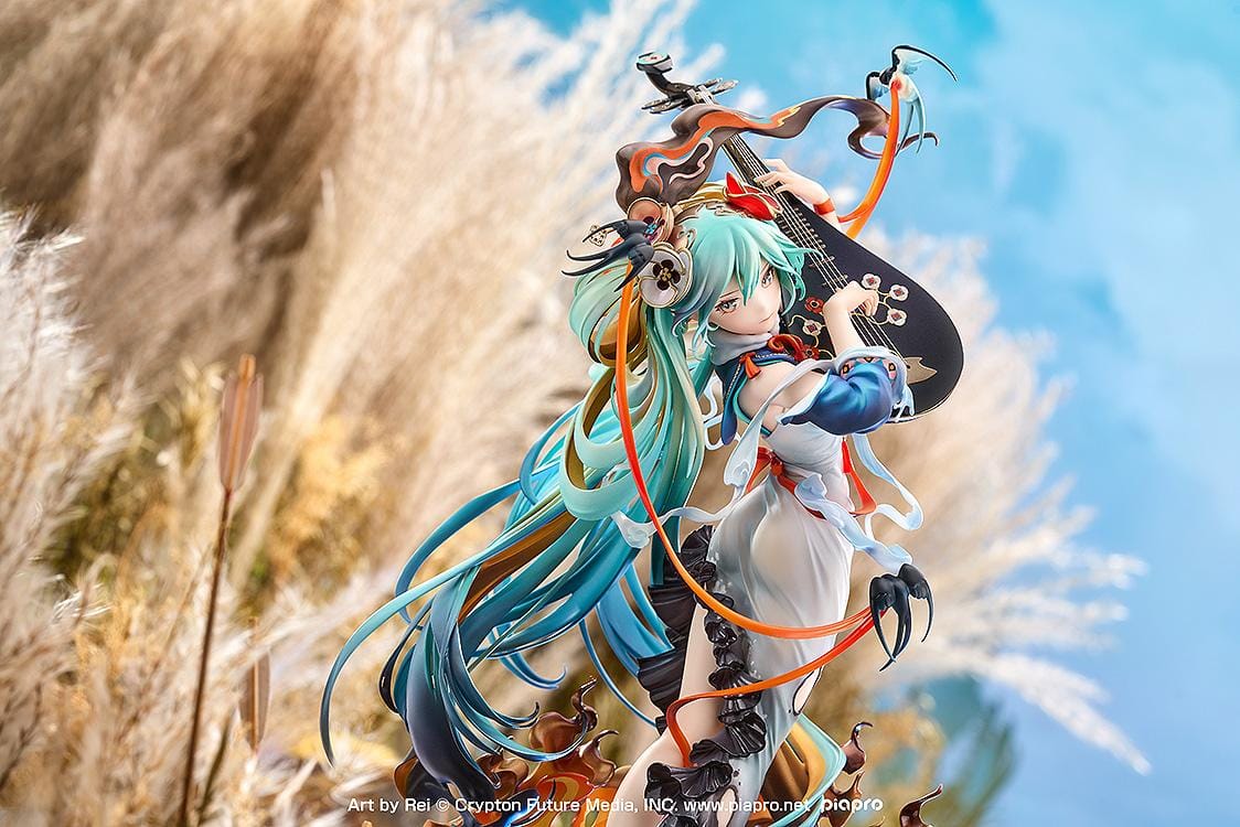 Hatsune Miku Shimian Maifu Ver. 1/7 scale figure featuring flowing turquoise hair, stringed instrument, orange ribbons, flame effects, and detailed fantasy outfit