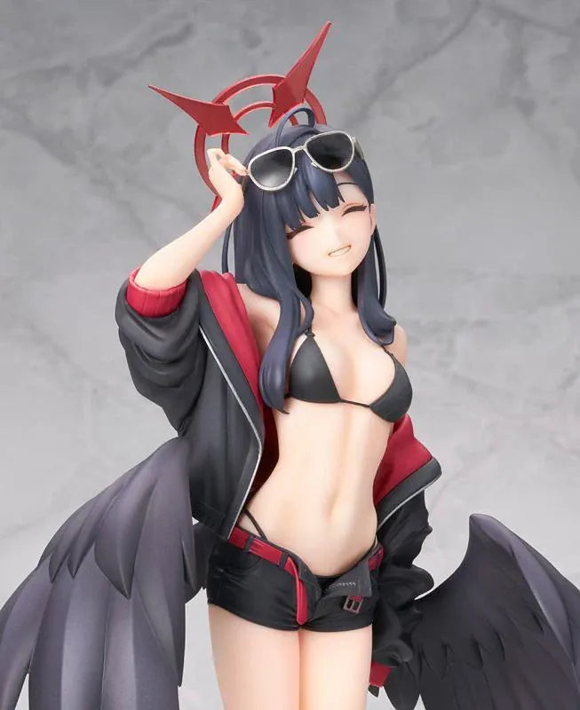 Blue Archive Ichika Swimsuit 1/7 scale figure wearing a black swimsuit, sporty jacket, sunglasses, and large black wings.