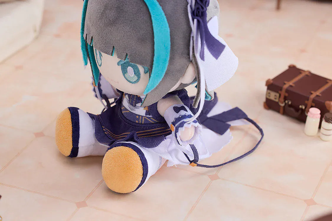 Azur Lane Cheshire Punipuni plushie with gray and teal hair, cat ears, embroidered eyes, and navy outfit sitting pose