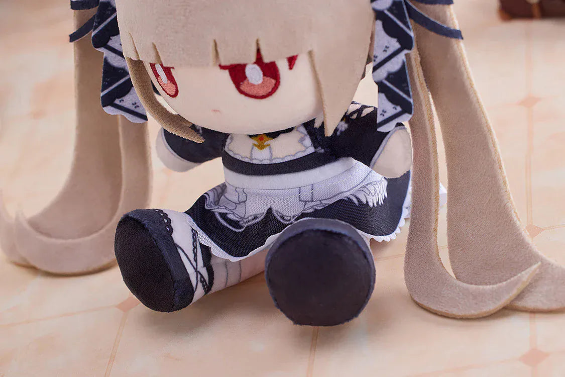 Azur Lane Formidable Punipuni plushie with long blonde twin tails, red embroidered eyes, and navy outfit in seated pose