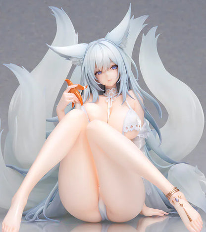 Azur Lane Shinano Dreamy White Sands Ver. 1/6 Scale Figure featuring Shinano seated with pale blue hair, fox ears, flowing tails, white outfit details, and beach-inspired styling.