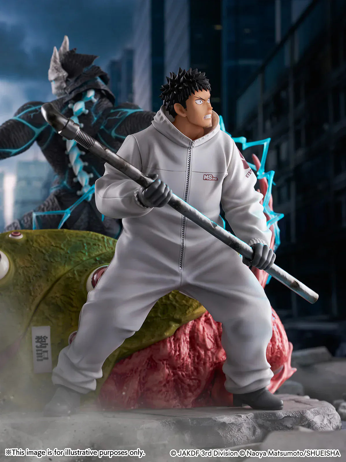 Kaiju No. 8 Kafka Hibino and Kaiju No. 8 1/7 scale figure diorama with Kafka wielding a pipe in front of the transformed kaiju and organic nest base