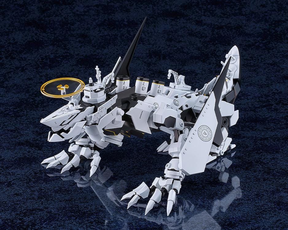 Blue Archive MODEROID Daath Model Kit featuring a white and black armored mecha design with gold effect parts and detailed mechanical styling