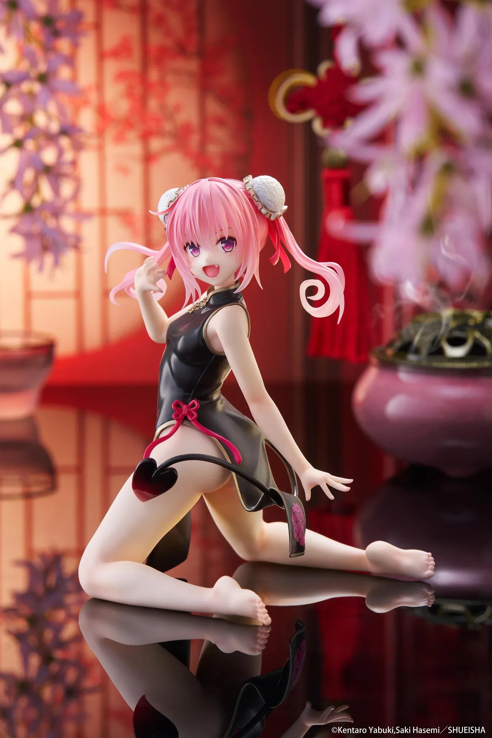 To Love-Ru Darkness Desktop Cute Nana (Chinese Dress Ver.) Figure featuring Nana Astar Deviluke in a black and red cheongsam with twin tails and heart-shaped tail design.