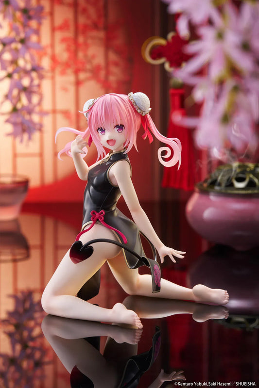 To Love-Ru Darkness Desktop Cute Nana (Chinese Dress Ver.) Figure featuring Nana Astar Deviluke in a black and red cheongsam with twin tails and heart-shaped tail design.