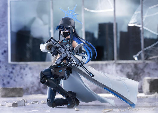 Blue Archive figma Saori Joumae figure featuring Saori in a tactical black outfit, white coat, cap, face mask, and weapon accessory