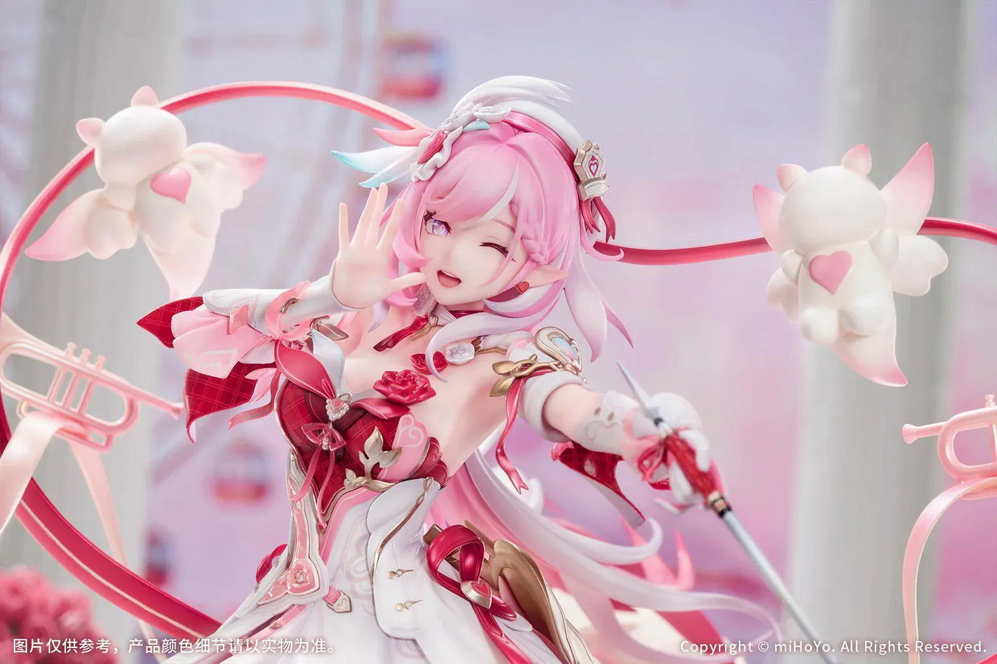 Honkai Impact 3rd Elysia Hi Love Elf Ver. 1/7 Scale Figure Bonus Edition featuring Elysia in a pink-and-white outfit with heart-themed base, ribbon effects, and musical accessories.