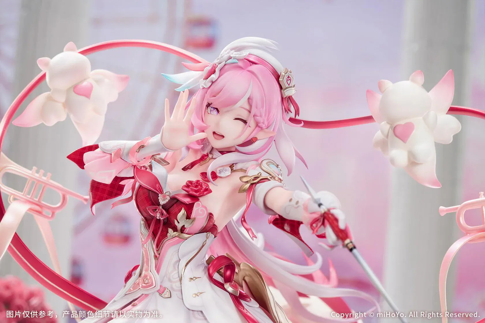 Honkai Impact 3rd Elysia Hi Love Elf Ver. 1/7 Scale Figure Bonus Edition featuring Elysia in a pink-and-white outfit with heart-themed base, ribbon effects, and musical accessories.
