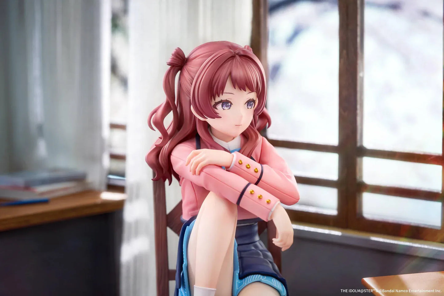 The Idolmaster Gakuen Saki Hanami Iris After the Rain Pre-Training Ver. 1/7 scale figure seated on a wooden chair.