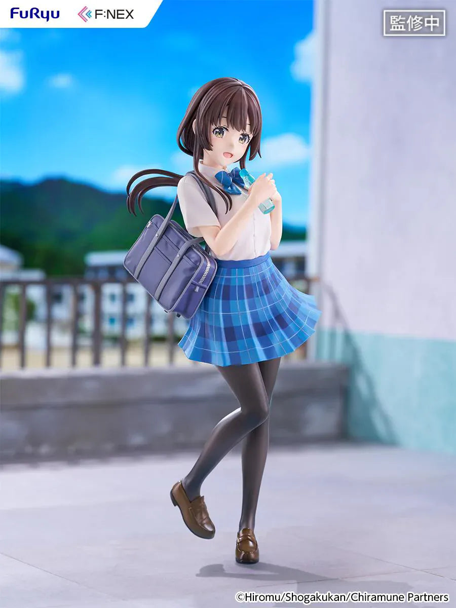 Chitose Is in the Ramune Bottle Yua Uchida 1/7 Scale Figure with brown hair, blue plaid skirt, school uniform outfit, shoulder bag, drink bottle accessory, and display base