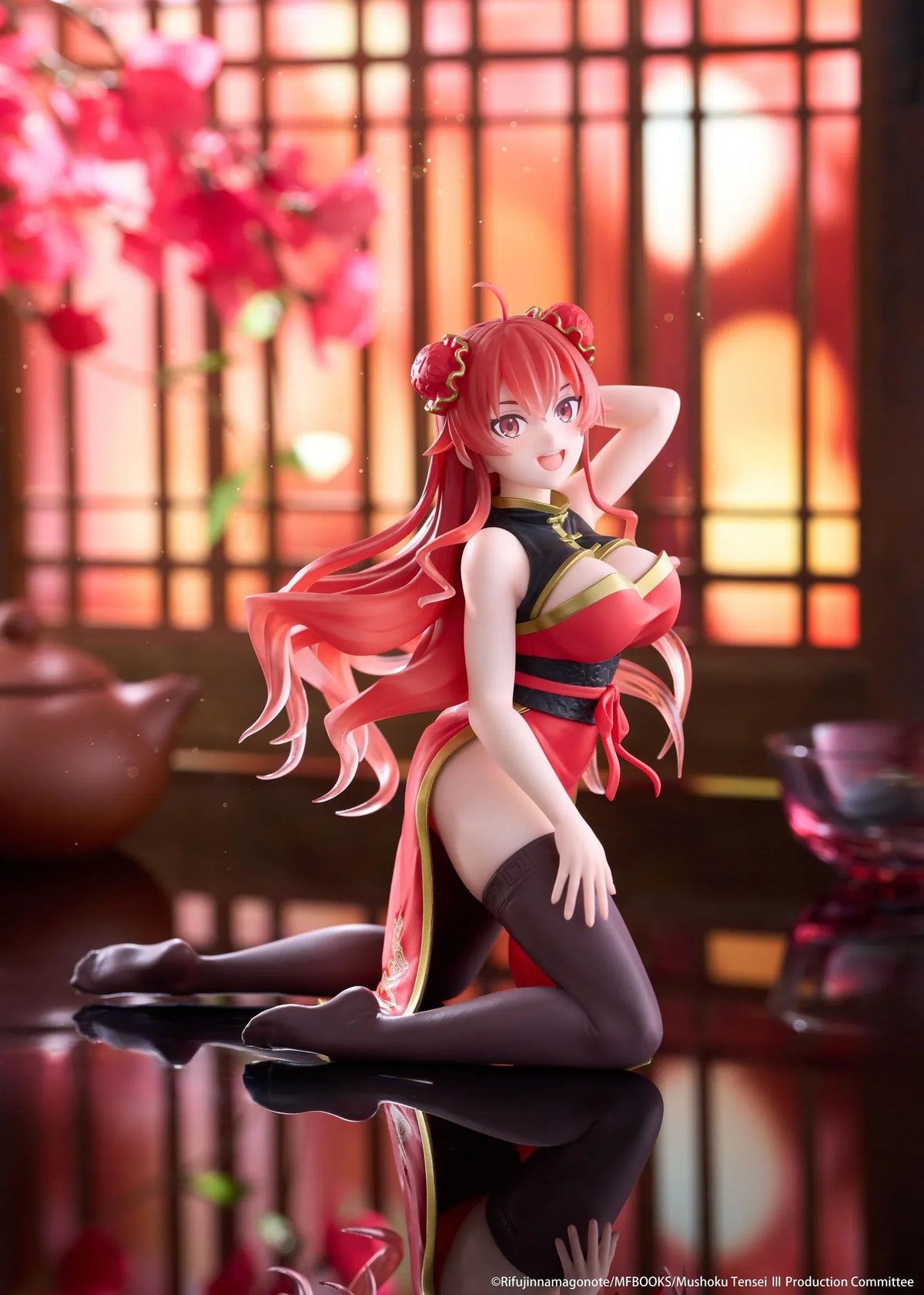 Mushoku Tensei Jobless Reincarnation Desktop Cute Eris Boreas Greyrat Chinese Dress Ver. Figure featuring long flowing red hair, red eyes, decorative twin buns, a red and black Chinese-inspired dress with gold accents, and dark thigh-high stockings in a playful kneeling pose.