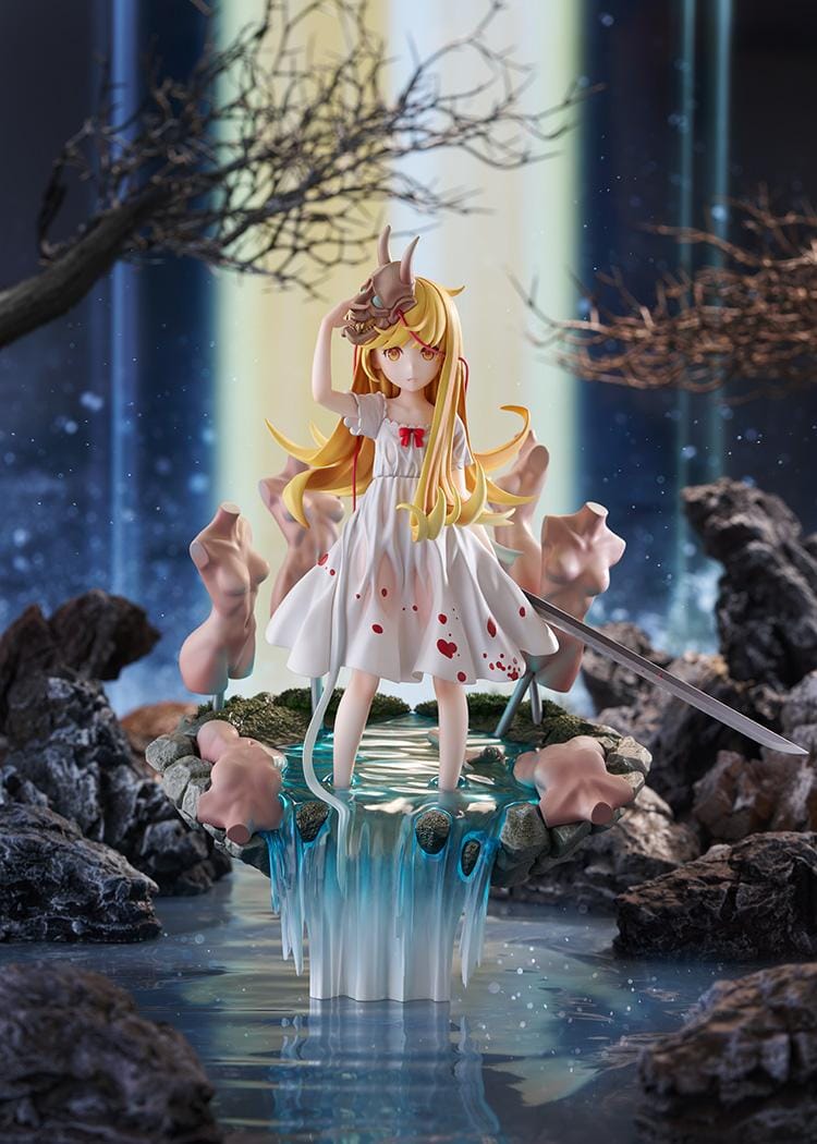 Shinobumonogatari G.S. Collection Shinobu Oshino 1/7 scale figure with oni mask, sword, white dress, and water effect base