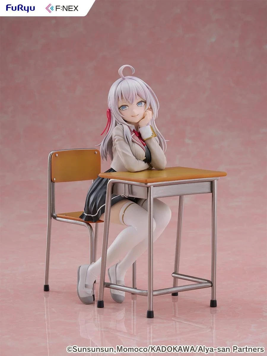 Alya Sometimes Hides Her Feelings in Russian Alya 1/7 Scale Figure by FuRyu F:NEX featuring Alya sitting at a school desk with silver hair and red ribbons