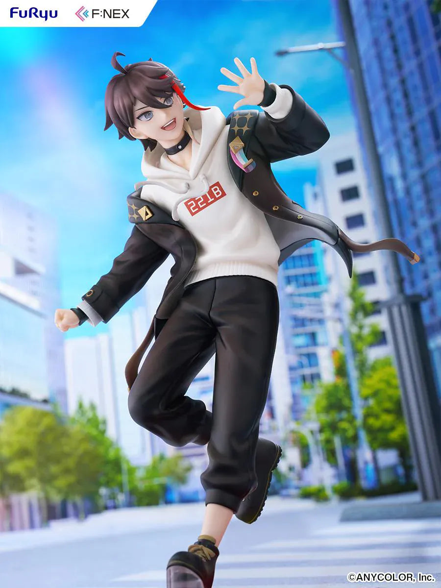 Nijisanji Saegusa Akina 1/7 Scale Figure with black jacket, white hoodie, red accent, dynamic pose, and character-themed display base