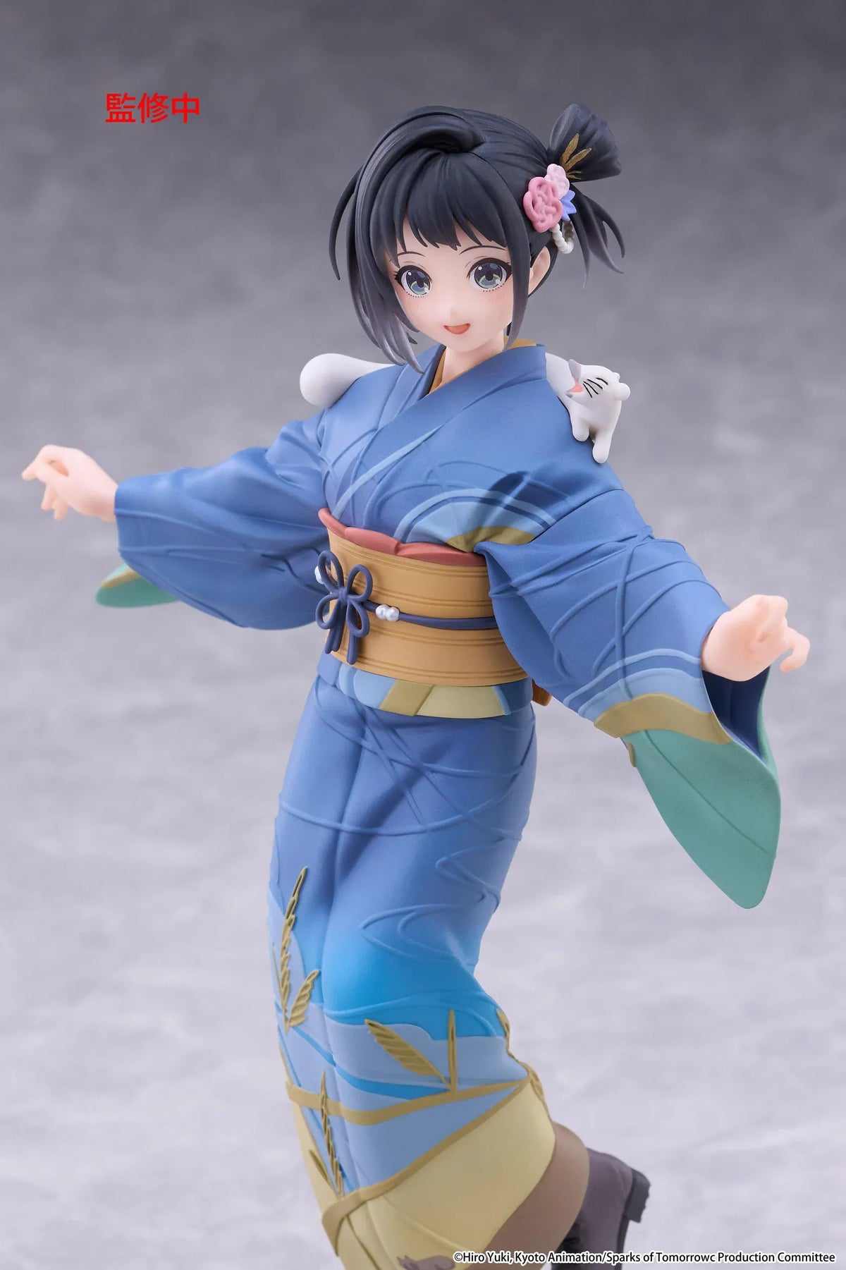 Sparks of Tomorrow Inako Momokawa Coreful Figure featuring a dark-haired anime girl with a pink floral hair accessory, blue kimono with gold and green accents, golden obi, brown boots, and a small white cat perched on her shoulder, standing on a textured circular base.