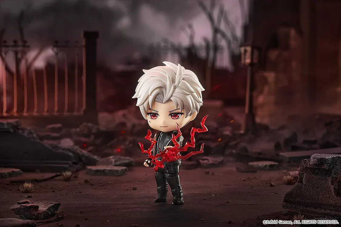 Love and Deepspace Nendoroid Sylus Figure with silver hair, red eyes, and black outfit