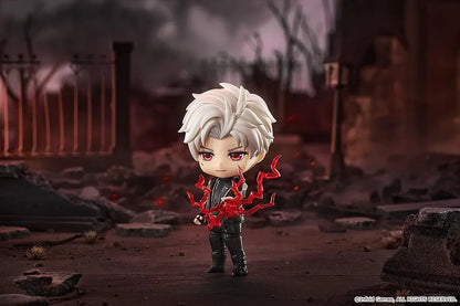 Love and Deepspace Nendoroid Sylus Figure with silver hair, red eyes, and black outfit