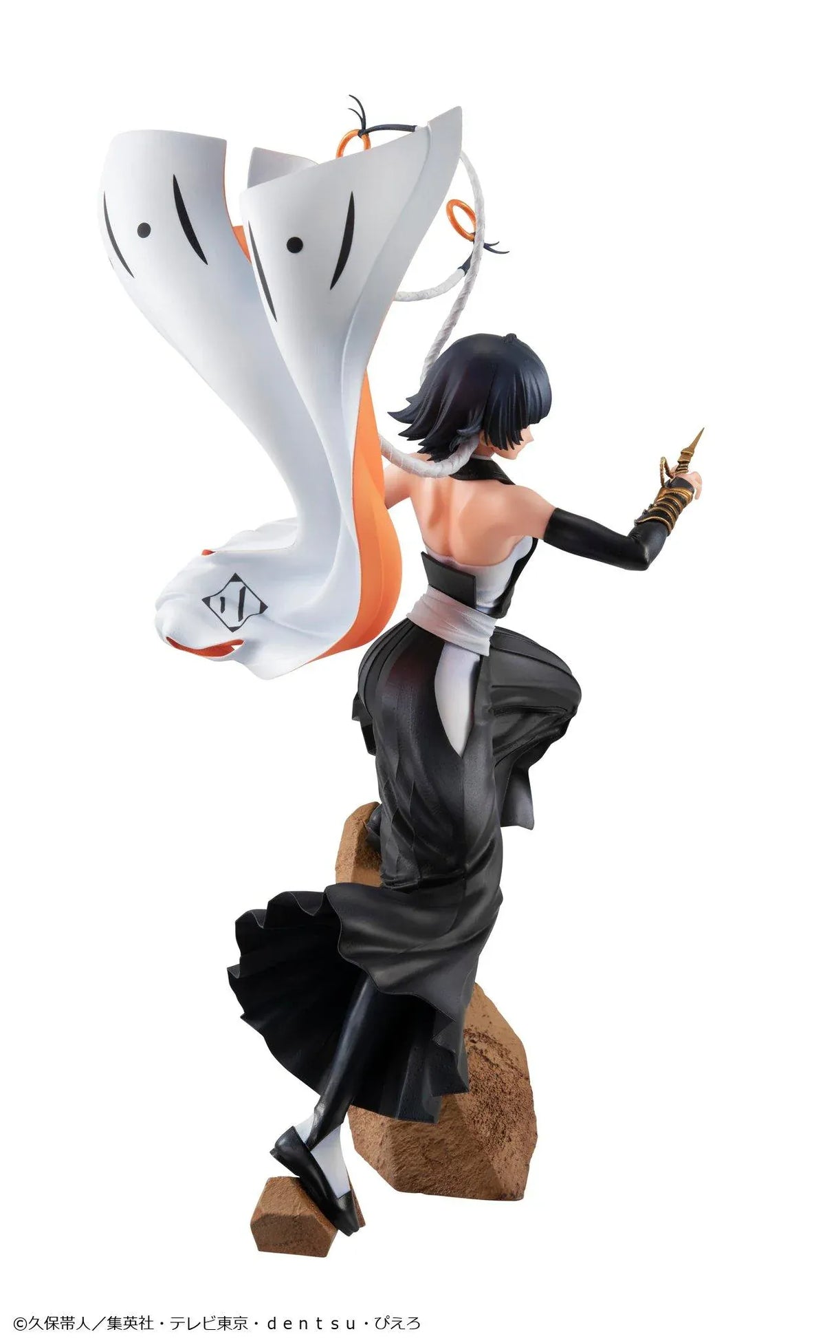 Bleach Gals Series Sui-Feng rerelease figure in a dynamic combat pose with her arm-mounted weapon, flowing uniform, and rocky base.