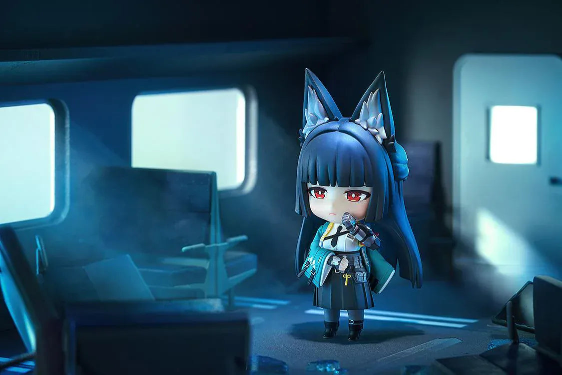 Nendoroid Miyabi Hoshimi with fox ears, black hair, katana, and blue spirit effect part.