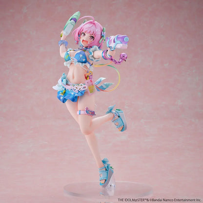 Riamu Yumemi 1/6 scale figure from The Idolmaster Cinderella Girls in pastel blue idol outfit holding water gun accessory on clear display base