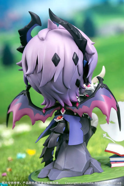 Genshin Impact Durin Floral Wanderings ver. with Bonus Non Scale Figure featuring Durin with lavender hair, horns, bat-like wings, books, companion illustration, and themed display base.