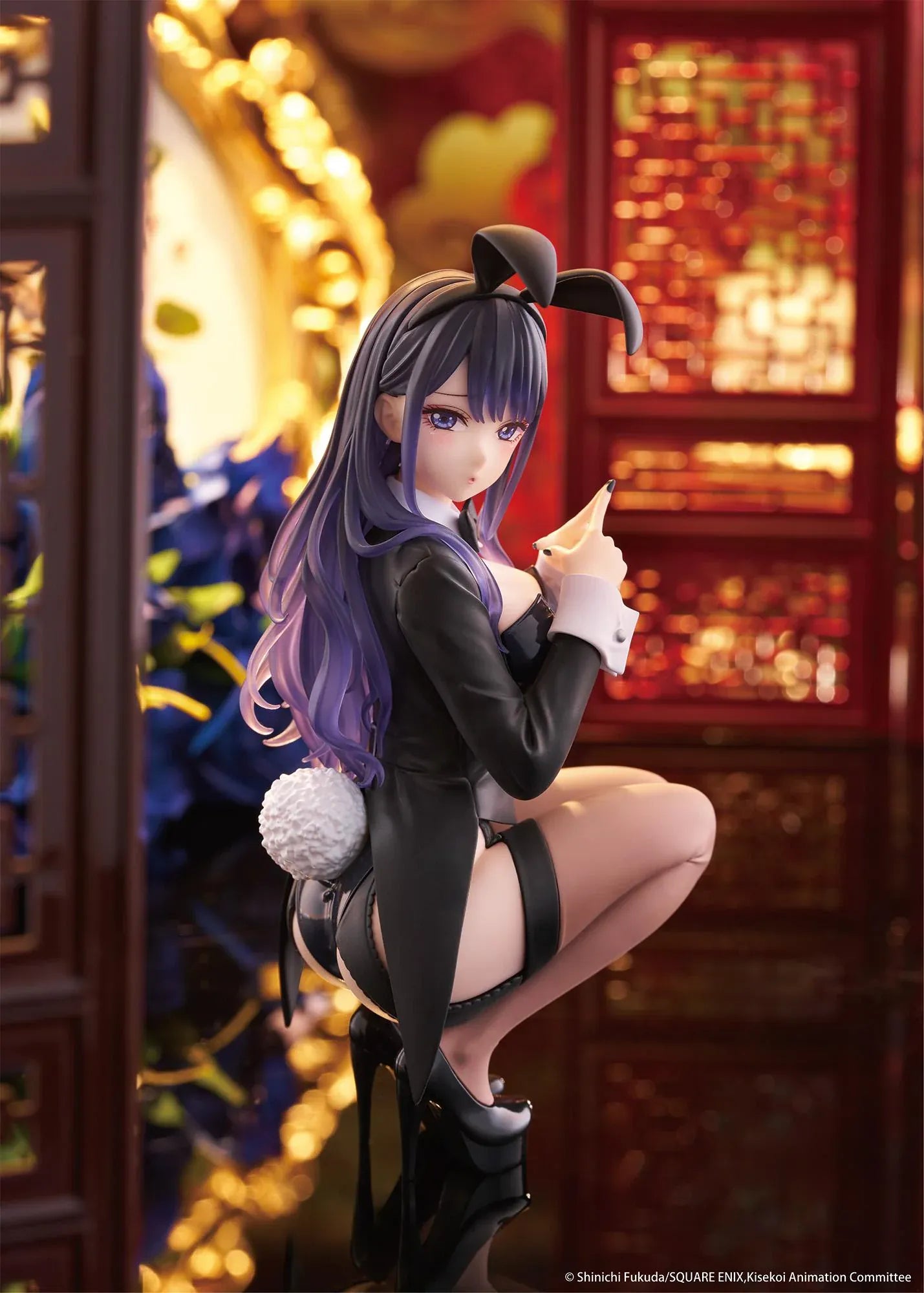 My Dress-Up Darling Desktop Cute Figure Marin Kitagawa Arisa Izayoi Ver. with purple hair, black bunny-style outfit, headband, and crouching pose