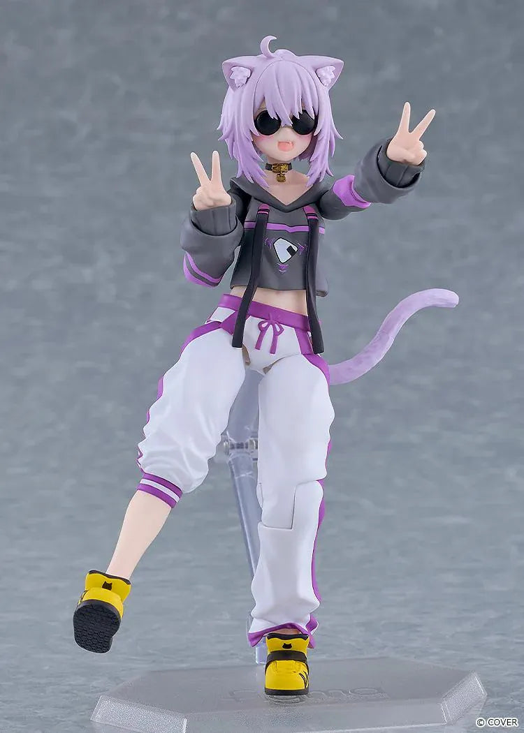 hololive production figma Nekomata Okayu Figure with lavender hair, cat ears and tail wearing her signature black purple and white outfit