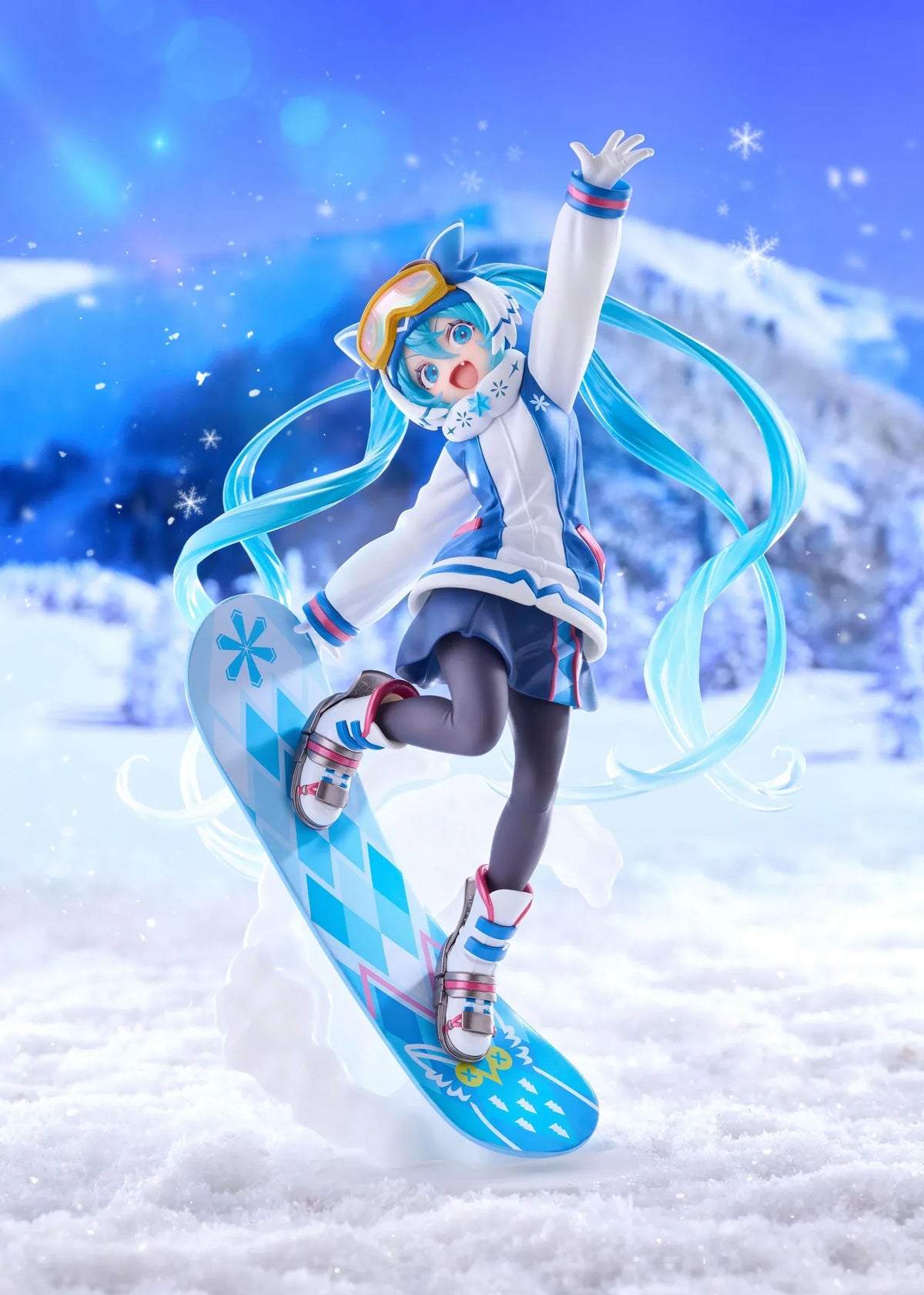 Snow Miku AMP+ All Stars 2016 Ver. figure posing on a blue patterned snowboard with goggles, flowing turquoise twin tails, and a snow effect base.