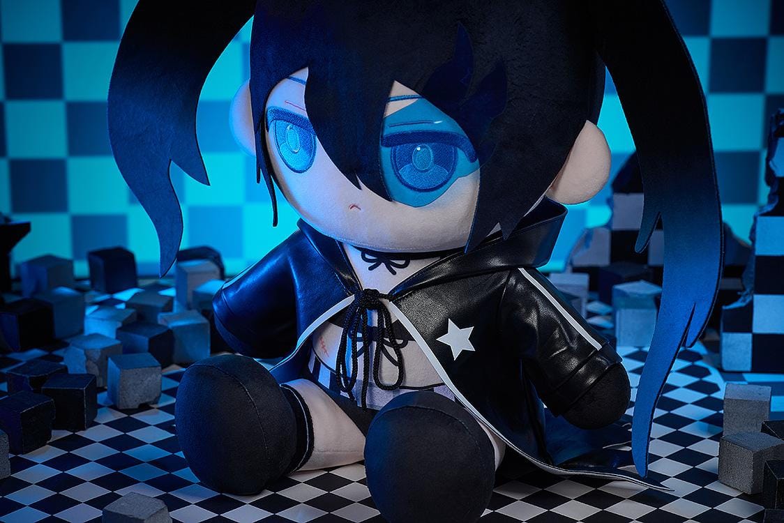 Black Rock Shooter Punipuni Big Plushie featuring a soft chibi-style seated plush design with black twin tails, blue eyes, and dark character-inspired outfit details.