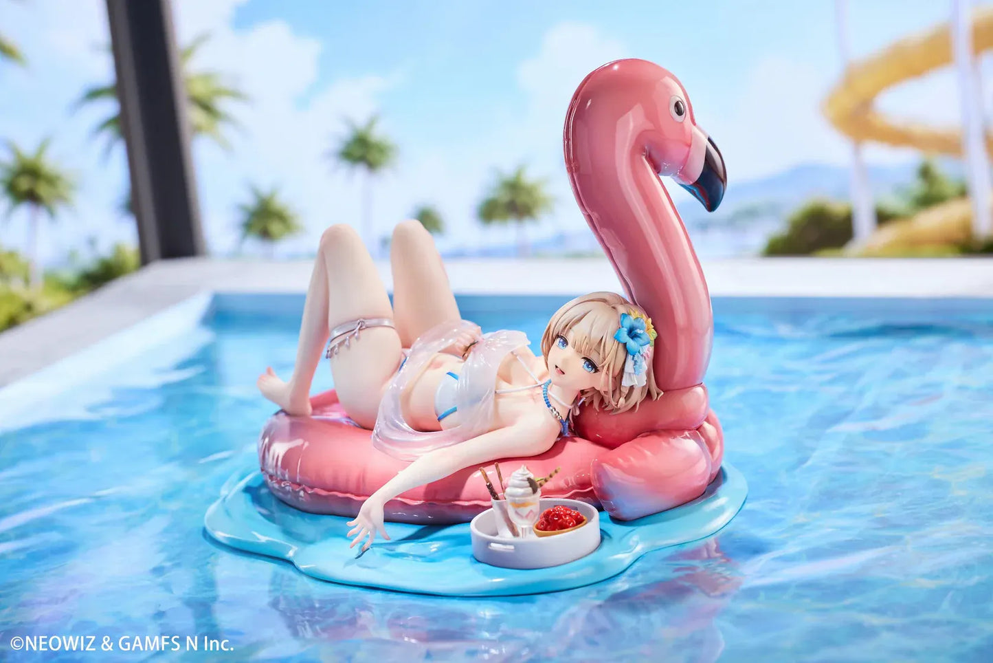 Brown Dust 2 Hot Summer Dream Justia 1/7 Scale Figure relaxing on a pink flamingo float with a water-themed display base