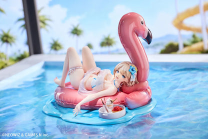 Brown Dust 2 Hot Summer Dream Justia 1/7 Scale Figure relaxing on a pink flamingo float with a water-themed display base