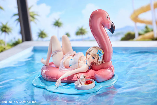 Brown Dust 2 Hot Summer Dream Justia 1/7 Scale Figure relaxing on a pink flamingo float with a water-themed display base