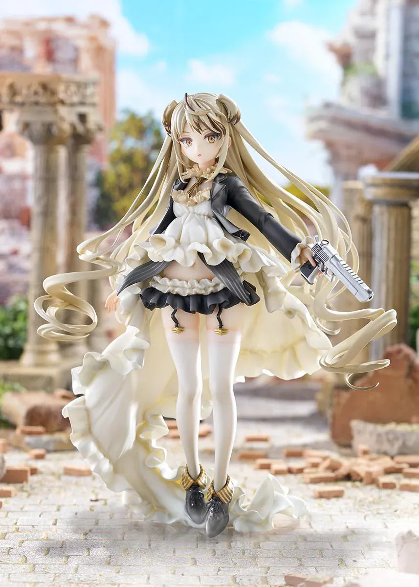 Girls' Frontline Desert Eagle 1/7 Scale Figure featuring Desert Eagle with long blonde hair, white-and-black outfit, golden eyes, handgun accessory, and flowing dress details.