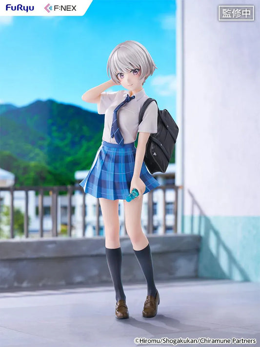 Chitose Is in the Ramune Bottle Asuka Nishino 1/7 Scale Figure with short silver hair, blue plaid skirt, school uniform outfit, backpack, drink bottle accessory, and display base